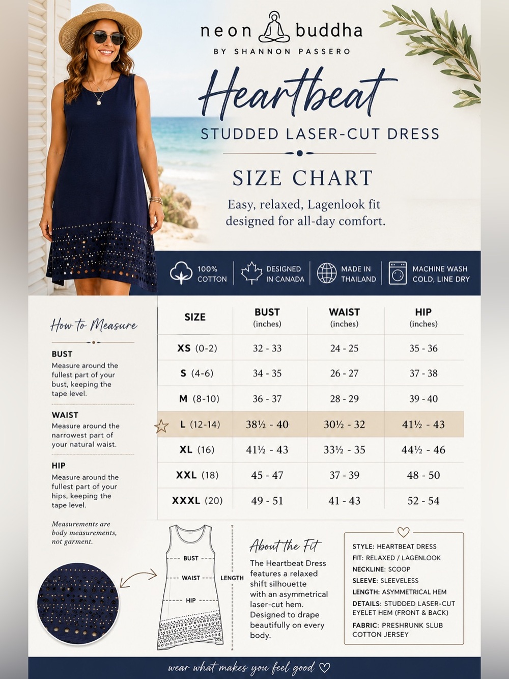 NEON BUDDHA Heartbeat Navy Studded Eyelet Asymmetrical Shift Dress L Lagenlook - Picture 8 of 16